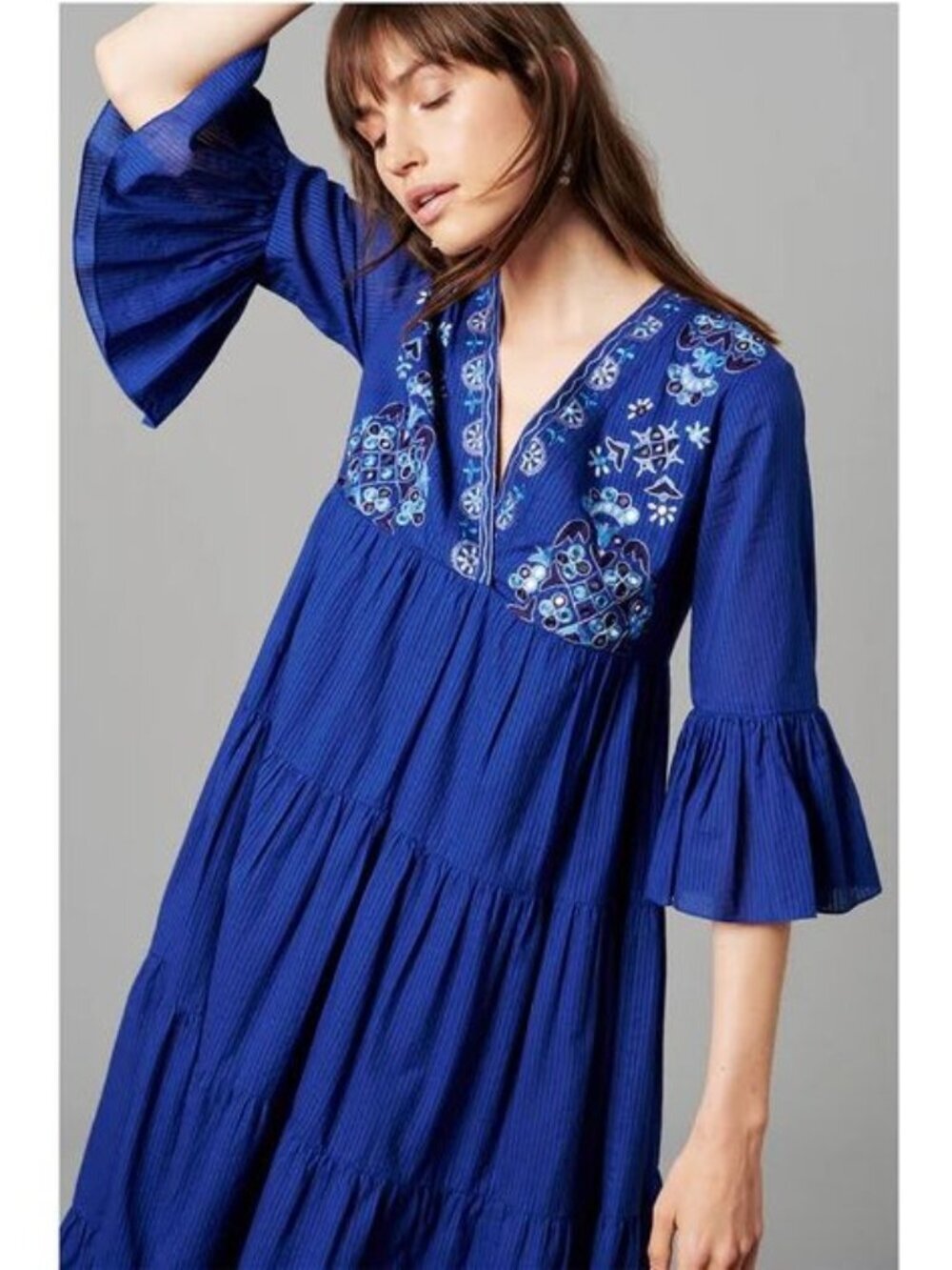 Megan Park Cobalt Blue Cotton Midi Dress Tiered Embroidered Mirror Beads India